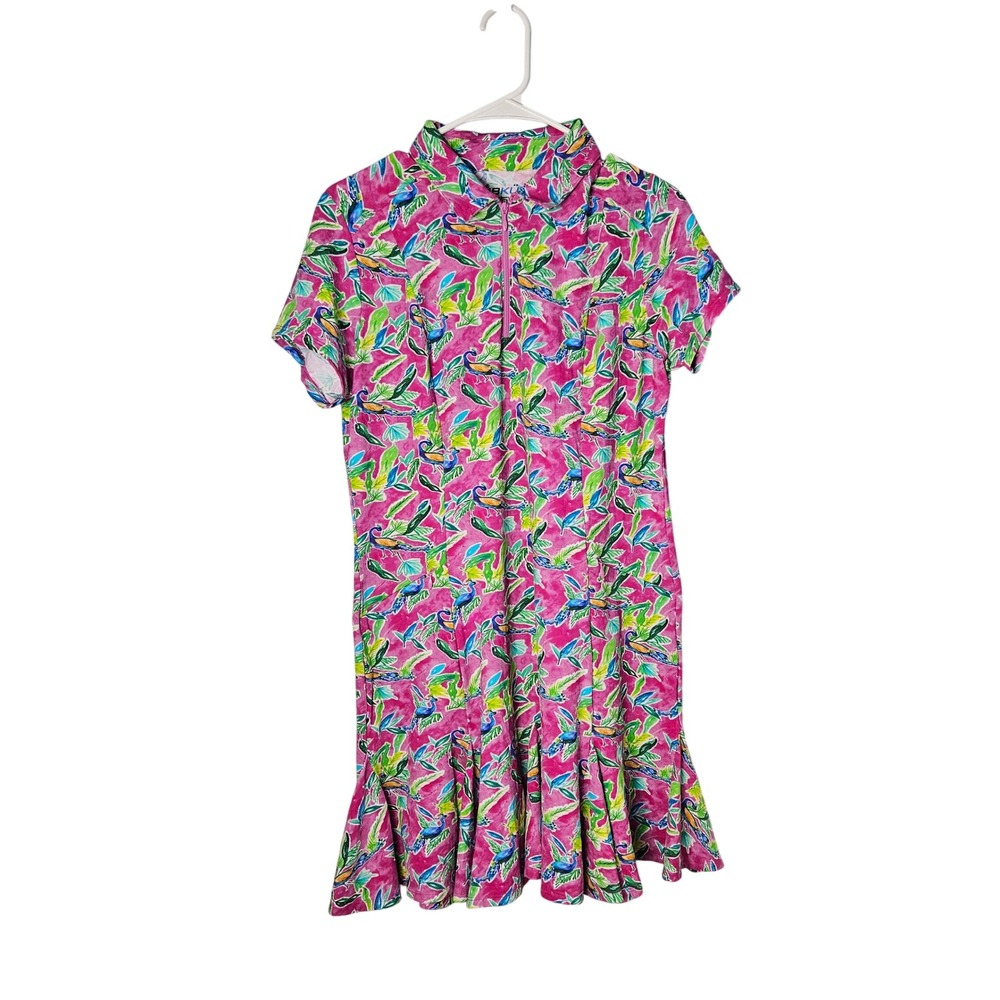 Ibkul Rachel Jade Pink Peacock Polo Pleated Golf Dress Womens Medium UPF 50+